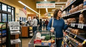 American consumer shopping at a grocery store as U.S. inflation holds at 2.4 percent in February 2026 CPI report