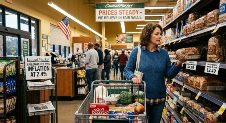 American consumer shopping at a grocery store as U.S. inflation holds at 2.4 percent in February 2026 CPI report