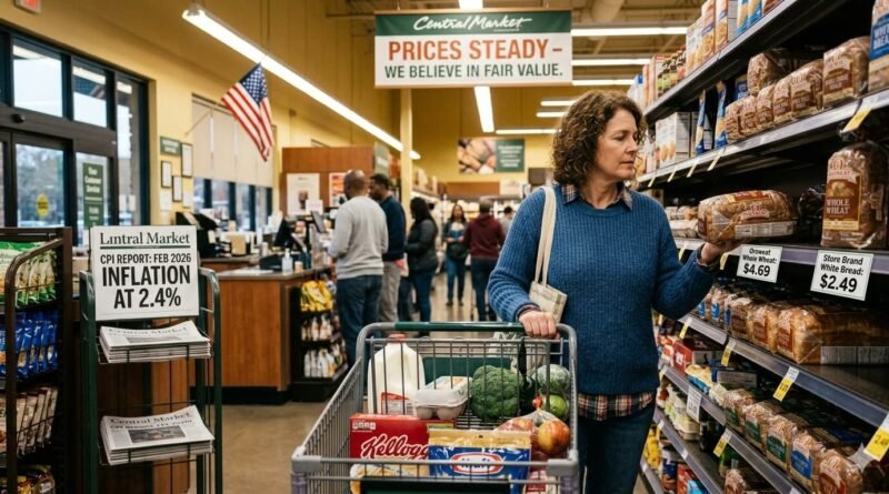 American consumer shopping at a grocery store as U.S. inflation holds at 2.4 percent in February 2026 CPI report