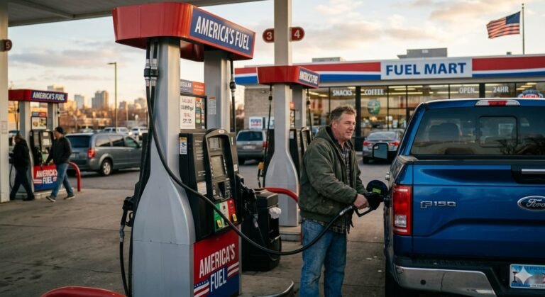 American driver filling up at a gas station.