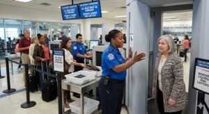 TSA officer screening passengers at an airport checkpoint as thousands of Transportation Security Administration workers miss a second paycheck Friday amid the ongoing partial government shutdown of the Department of Homeland Security