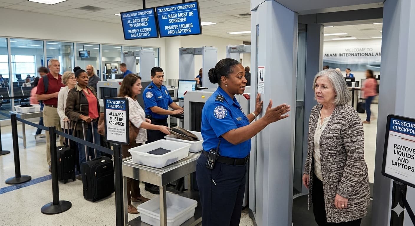 TSA officer screening passengers at an airport checkpoint as thousands of Transportation Security Administration workers miss a second paycheck Friday amid the ongoing partial government shutdown of the Department of Homeland Security