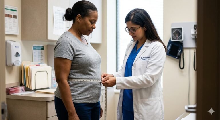 Doctor measuring patient waist circumference at clinic.