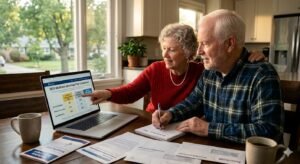 Senior American couple comparing Medicare Advantage plan options on a laptop