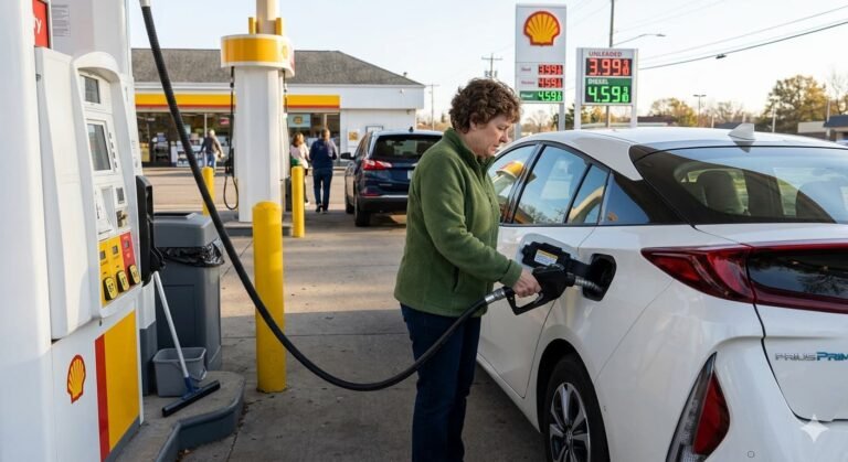 Hybrid car at gas station with fuel