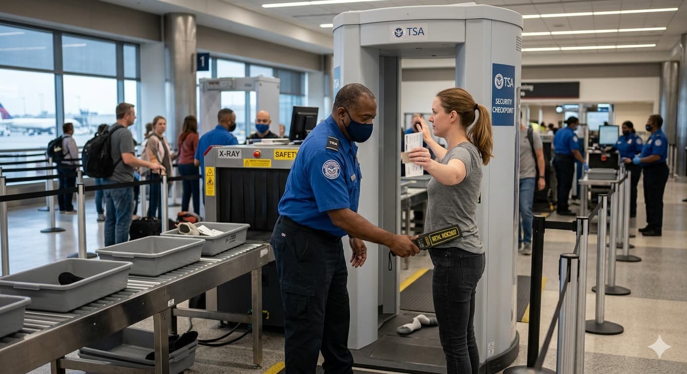 TSA officer screening passengers at a U.S. airport security checkpoint as the Department of Homeland Security confirms 46,000 TSA workers will receive paychecks as early as Monday March 30 2026 after six weeks of missed pay