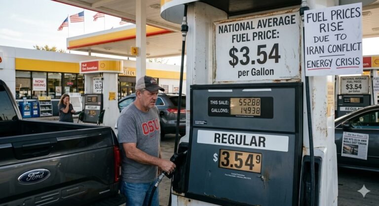 A driver filling up at a U.S. gas station as the national average reaches $3.54 per gallon amid the Iran war energy crisis.