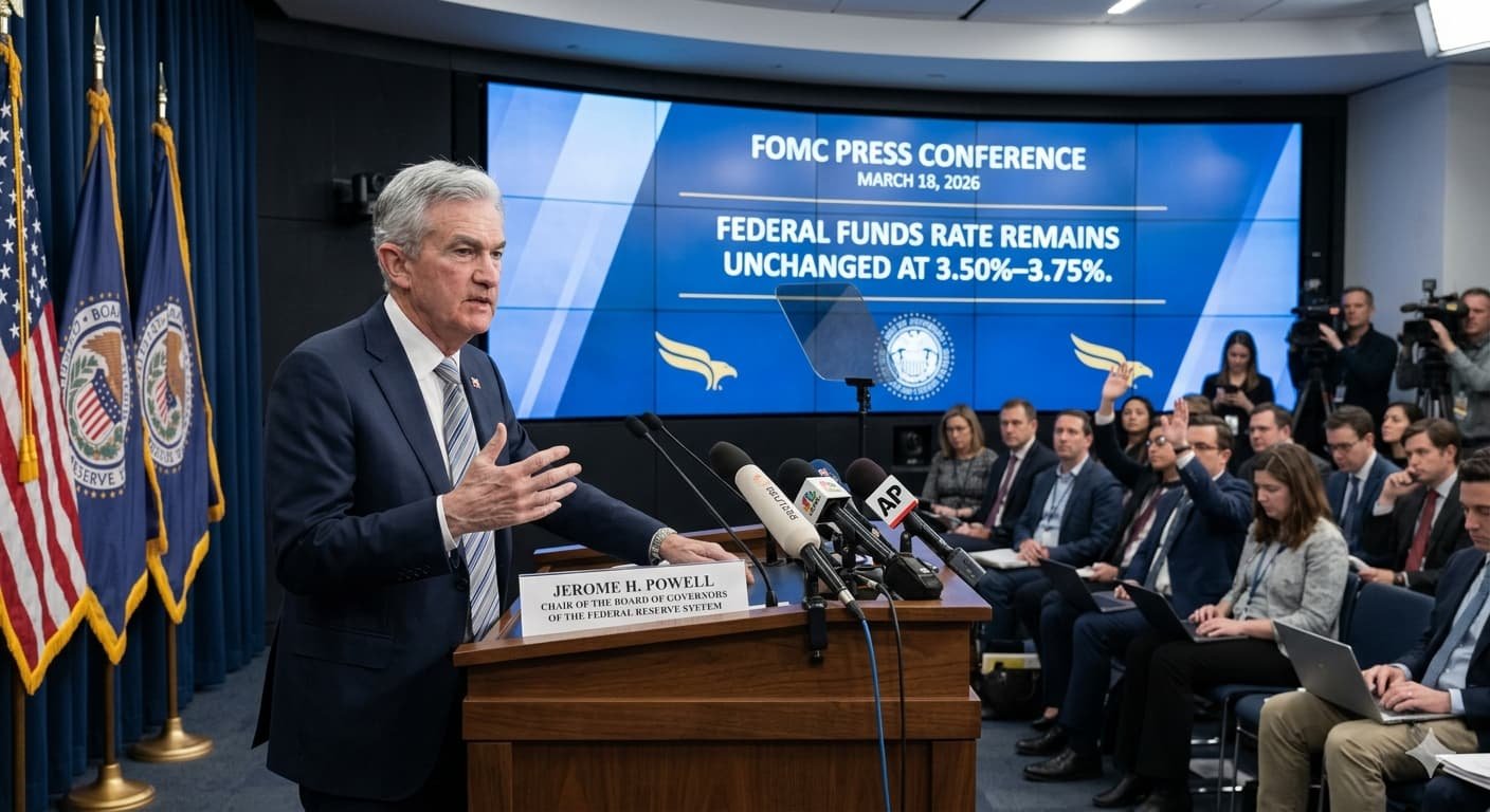 Federal Reserve Chair Jerome Powell speaking at press conference after FOMC interest rate decision March 18 2026 Washington DC