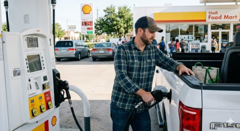 American consumer filling up gas tank at pump
