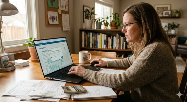 American taxpayer filing 2025 federal income tax return online before the April 15 2026 Tax Day deadline using IRS Free File on a laptop at home
