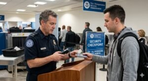 TSA officer checking passenger identification at airport security checkpoint