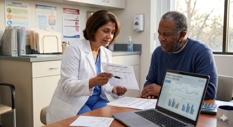Doctor reviewing cholesterol test results with a patient