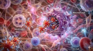 3D illustration of white blood cells and antibodies attacking a virus inside the human body