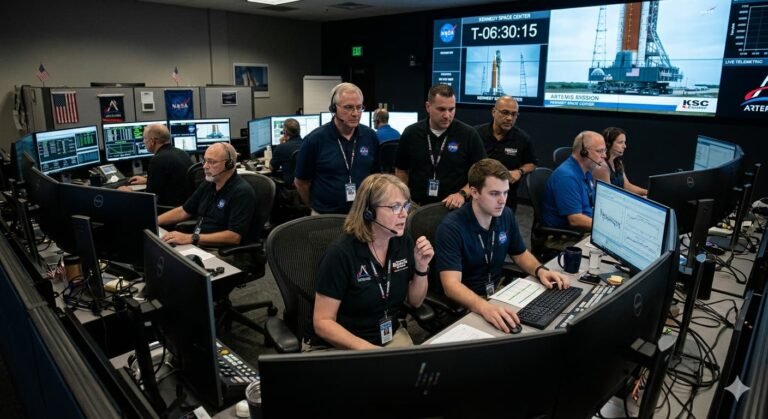 NASA launch control team at Kennedy Space Center monitoring systems during the Artemis II countdown that begins Monday March 30 2026 ahead of a targeted 6:24 PM Eastern Time liftoff on Wednesday April 1 2026