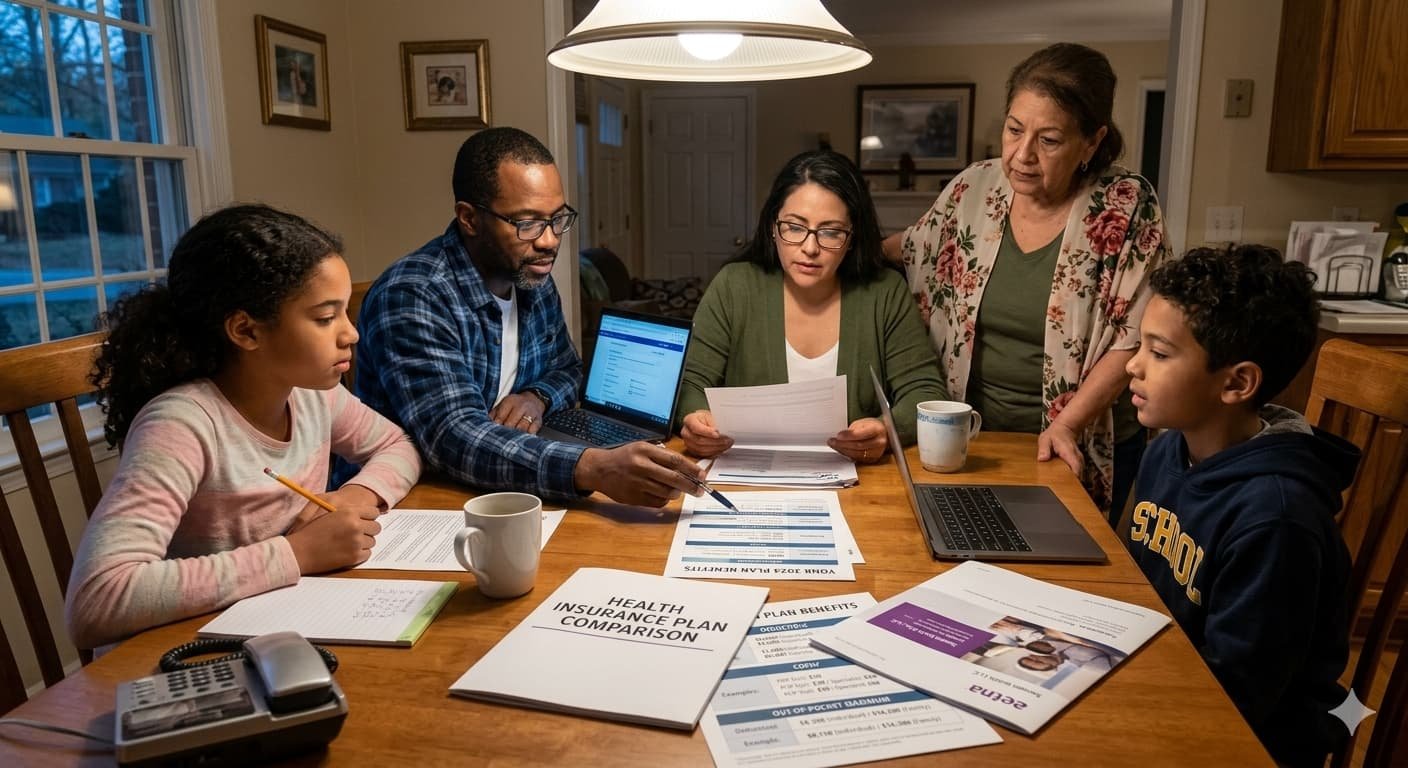 American family reviewing health insurance plan documents showing deductible copay and out of pocket maximum costs