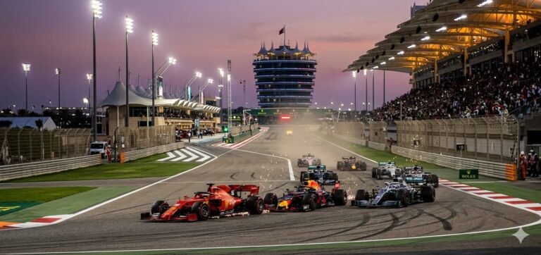 Formula 1 cars racing at the Bahrain International Circuit