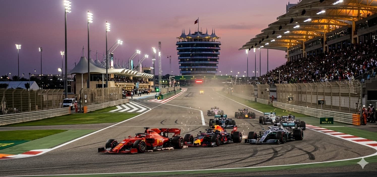 Formula 1 cars racing at the Bahrain International Circuit