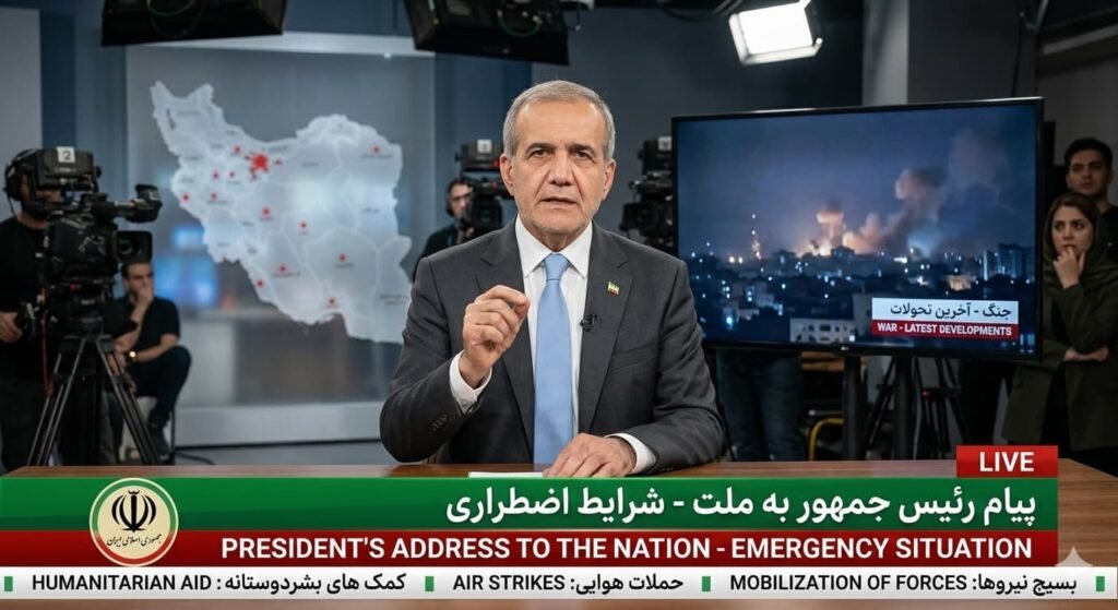 Iranian President Masoud Pezeshkian delivering a televised message during the war.