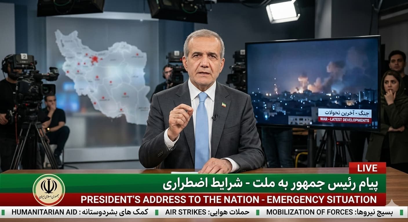 Iranian President Masoud Pezeshkian delivering a televised message during the war.