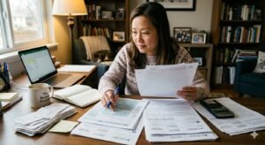 American taxpayer reviewing IRS tax return documents and receipts at a desk before the April 15 2026 Tax Day deadline to avoid triggering an IRS audit on their 2025 federal income tax return