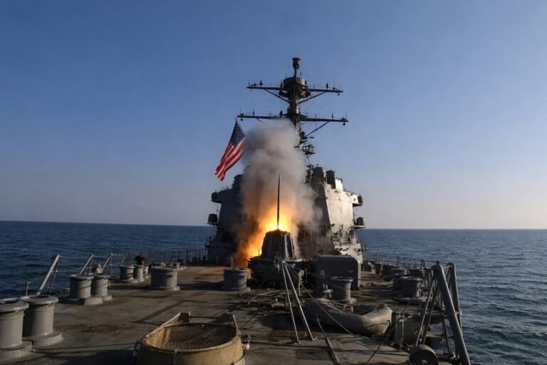 US Navy guided missile destroyer enforcing blockade of Strait of Hormuz Iran ports April 2026