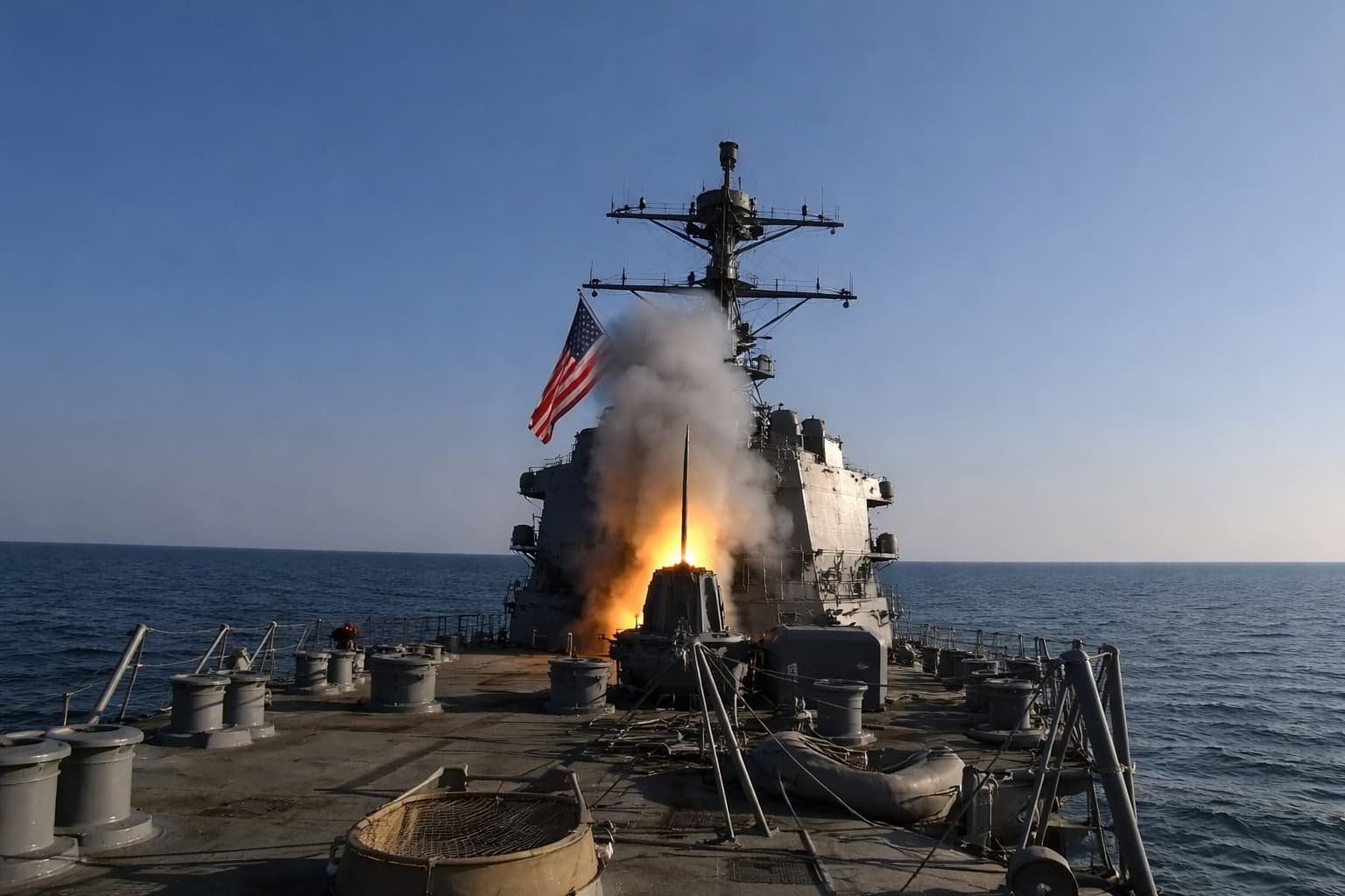 US Navy guided missile destroyer enforcing blockade of Strait of Hormuz Iran ports April 2026