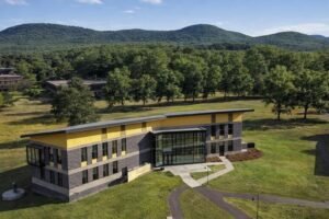 Empty college campus building at small American liberal arts college facing closure in 2026 financial crisis