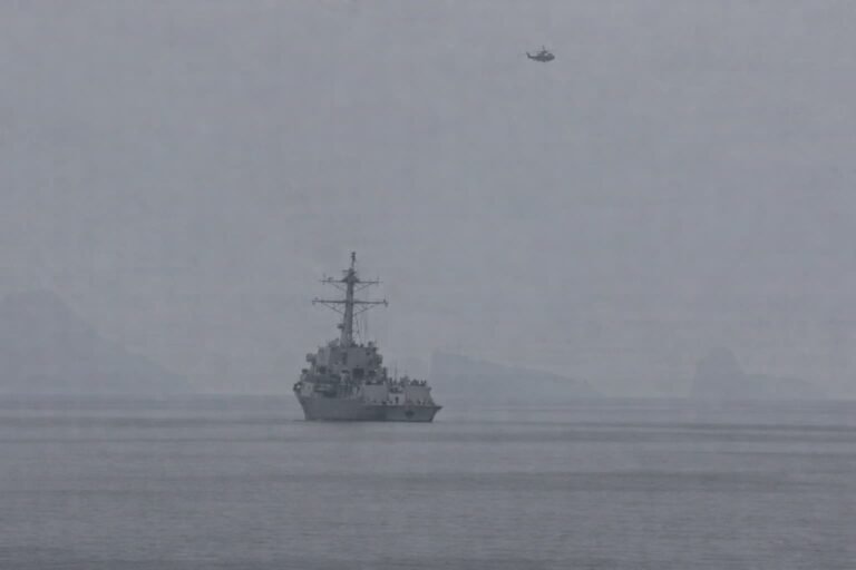 US Navy warship enforcing maritime blockade of Iranian ports in Arabian Gulf April 2026