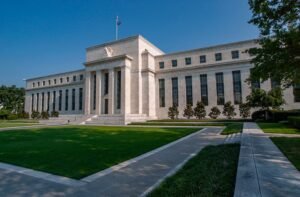 Federal Reserve building in Washington as economists debate whether Fed should cut rates after US GDP shrinks 0.3 percent in first quarter 2026