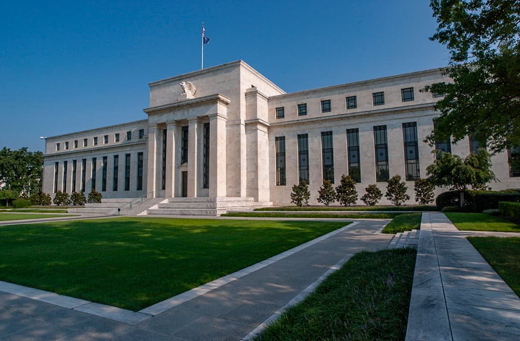Federal Reserve building in Washington as economists debate whether Fed should cut rates after US GDP shrinks 0.3 percent in first quarter 2026