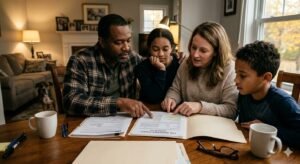 American family reviewing life insurance policy options comparing term life whole life and universal life insurance coverage in 2026