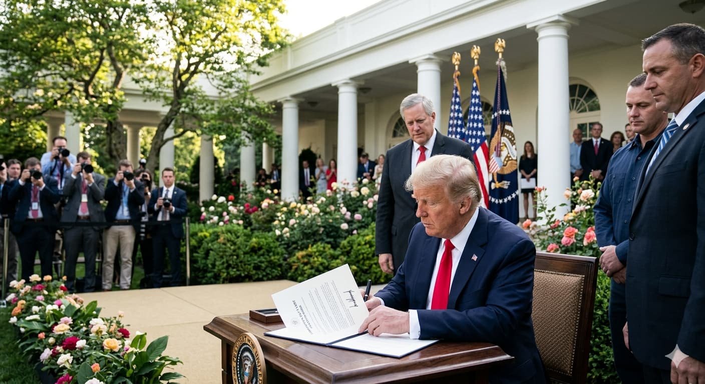 President Trump signing Liberation Day tariff executive order White House Rose Garden April 2025