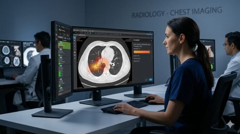 Radiologist working alongside artificial intelligence tool detecting lung nodule on CT scan in US hospital 2026