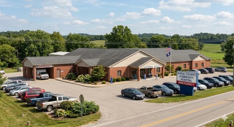 Rural hospital exterior as Medicaid funding cuts and reduced enrollment threaten closures across underserved communities in 2026