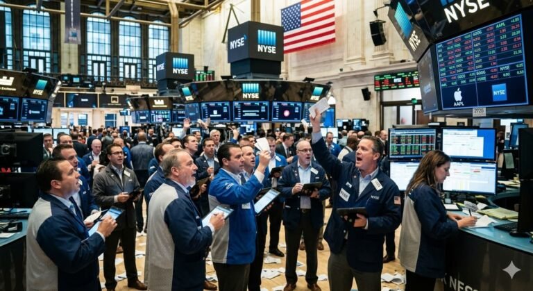Traders working on floor of New York Stock Exchange as S&P 500 hits intraday record before closing lower April 23 2026
