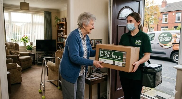 Senior woman receiving medically tailored meal delivery at home as part of Medicare nutrition benefit discussion 2026