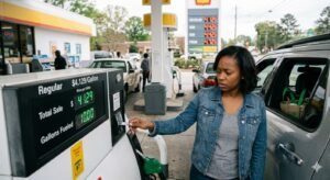 American consumer at gas station paying $4.12 per gallon amid Iran war energy shock raising recession probability 2026