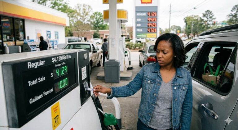 American consumer at gas station paying $4.12 per gallon amid Iran war energy shock raising recession probability 2026