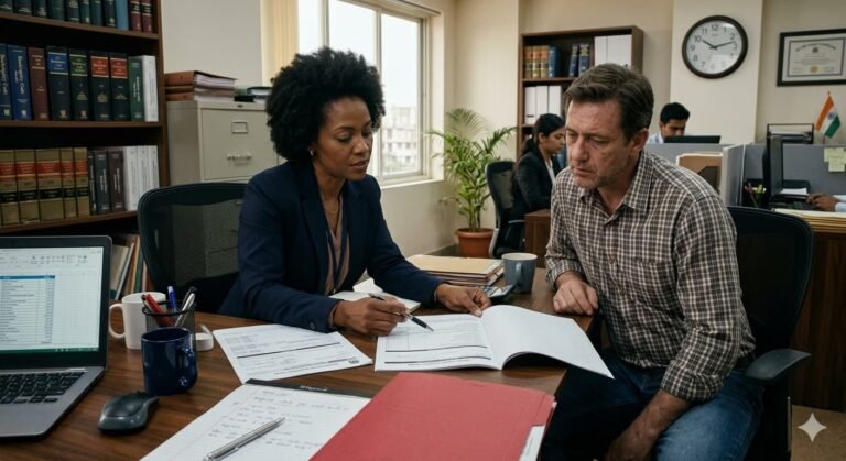 Attorney reviewing bankruptcy petition with client showing debt discharge options amid record US household debt 2026