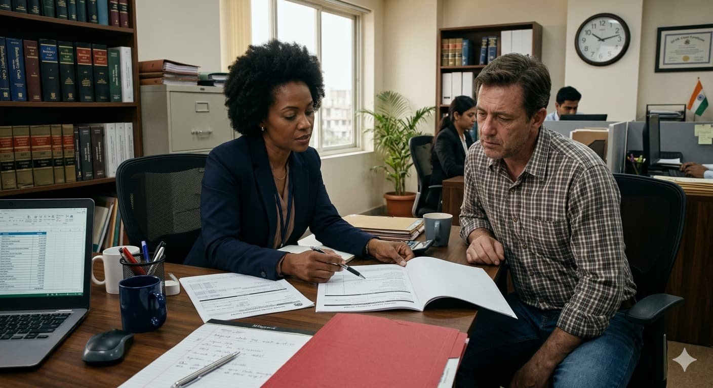 Attorney reviewing bankruptcy petition with client showing debt discharge options amid record US household debt 2026