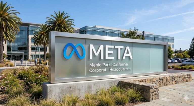 Meta headquarters sign in Menlo Park California as company announces 8000 employee layoffs amid AI investment surge April 2026