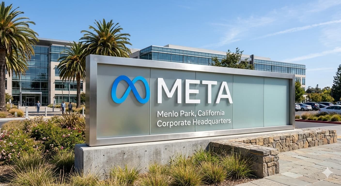 Meta headquarters sign in Menlo Park California as company announces 8000 employee layoffs amid AI investment surge April 2026