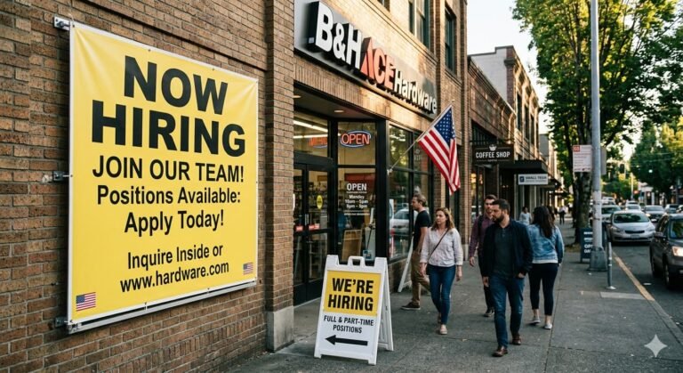 Now hiring sign outside US business as March 2026 jobs report shows 178000 jobs added far exceeding economist forecasts of 60000