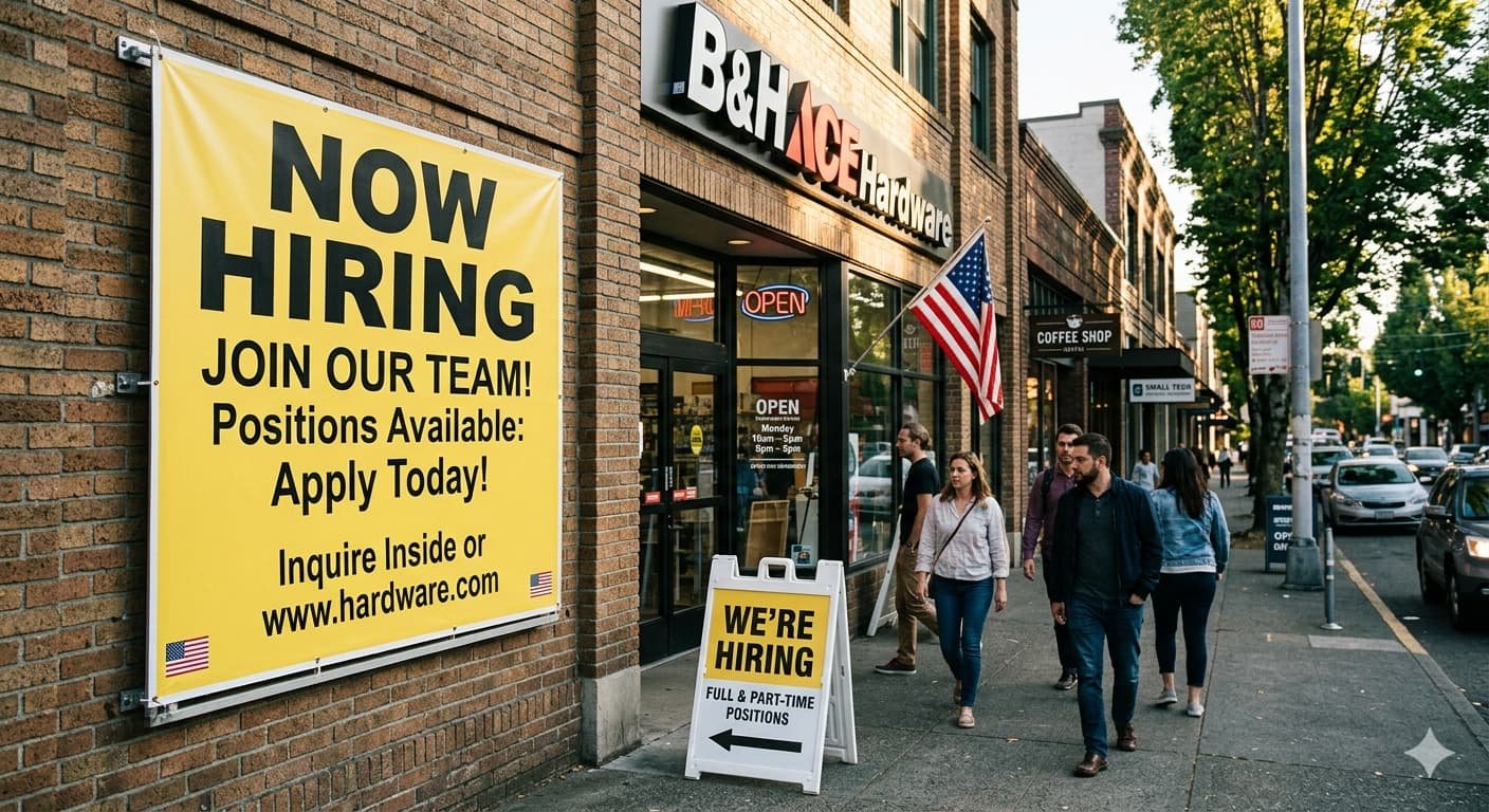 Now hiring sign outside US business as March 2026 jobs report shows 178000 jobs added far exceeding economist forecasts of 60000