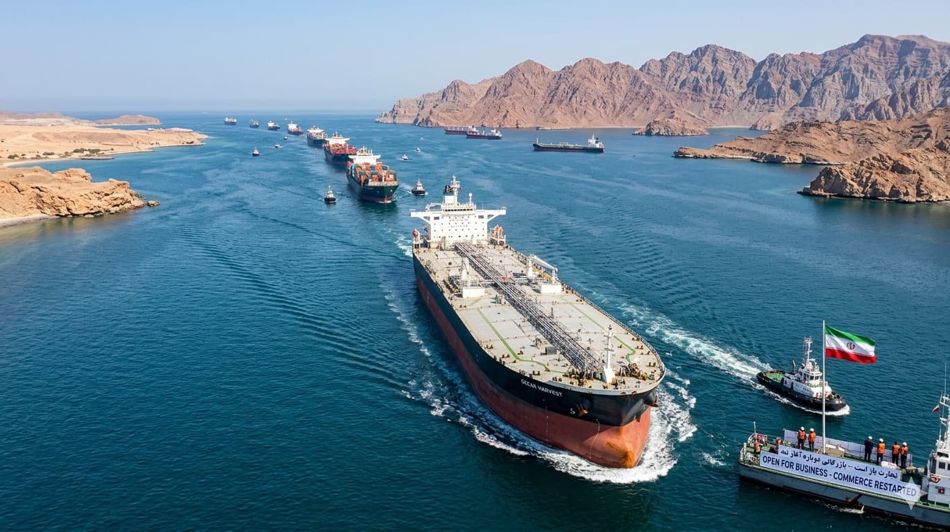 Oil tanker passing through the reopened Strait of Hormuz after Iran announces commercial shipping open April 18 2026