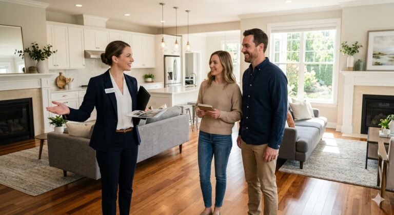 Real estate agent showing home to buyers facing higher monthly payments as mortgage rates rise to 6.46 percent spring 2026