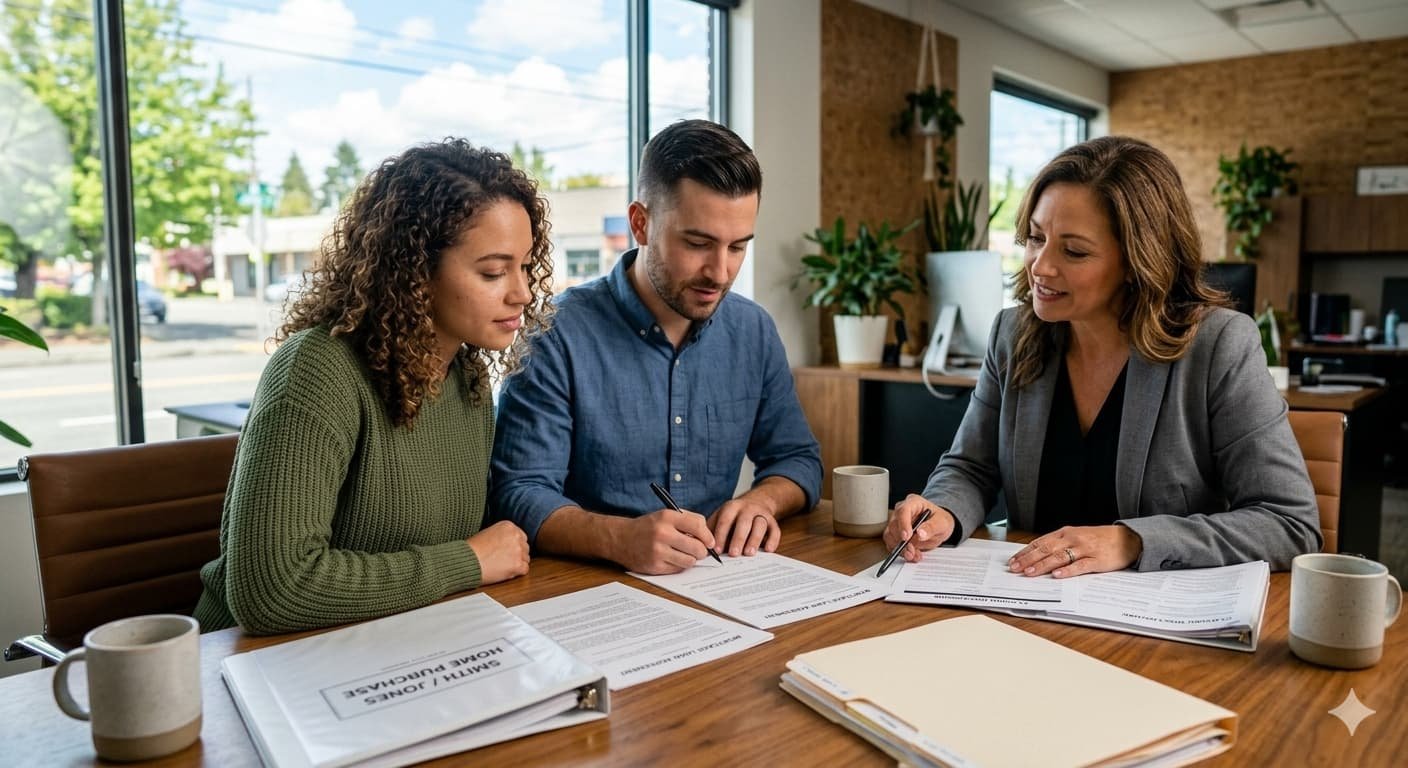 Young couple reviewing mortgage documents with real estate agent as 30-year fixed mortgage rates drop below 6 percent for first time since 2023 in April 2026