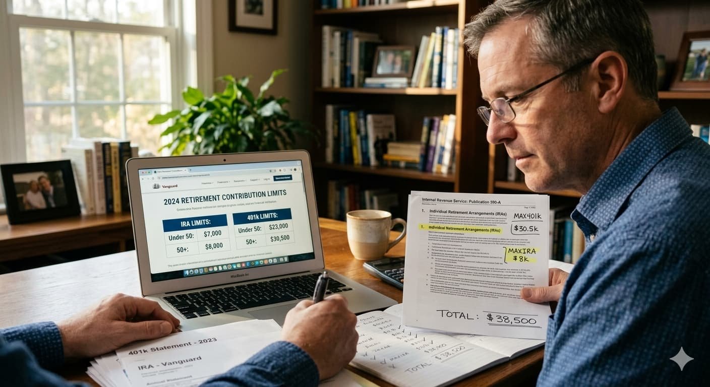 Retirement saver reviewing IRA and 401k contribution limit changes for 2026 at desk showing new $7500 IRA limit and $24500 401k employee contribution ceiling