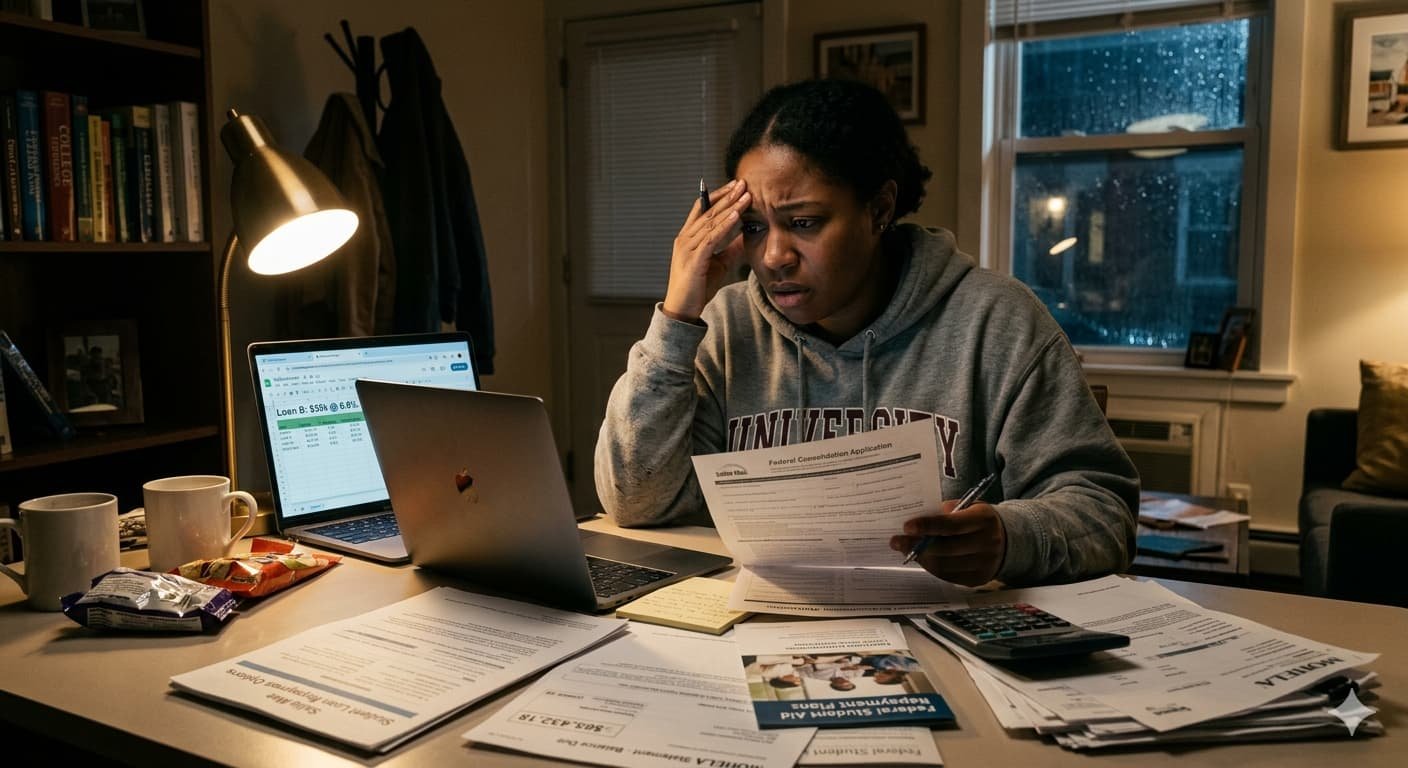 Stressed American borrower reviewing student loan options before July 1 2026 federal loan deadline