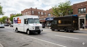 FedEx and UPS delivery trucks with fuel surcharge label rising shipping costs Iran war 2026